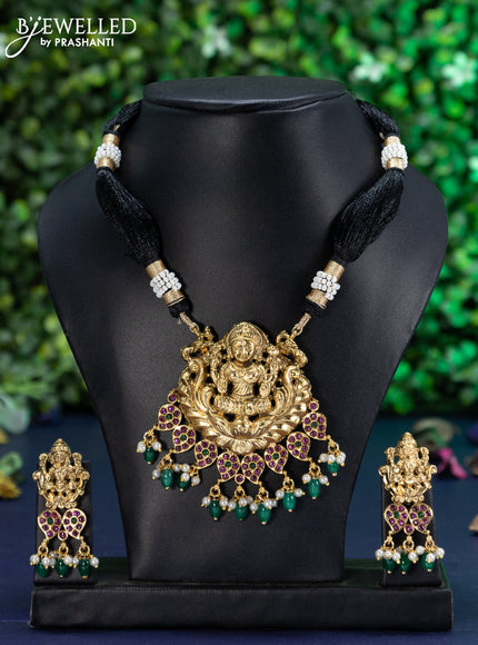 Black thread necklace kemp stones with lakshmi pendant and beads hangings