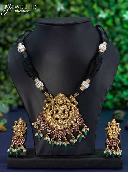 Black thread necklace kemp stones with lakshmi pendant and beads hangings