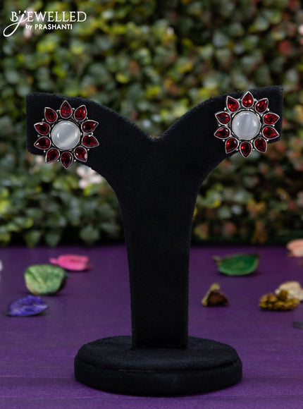 Oxidised earring floral design with ruby & grey stones