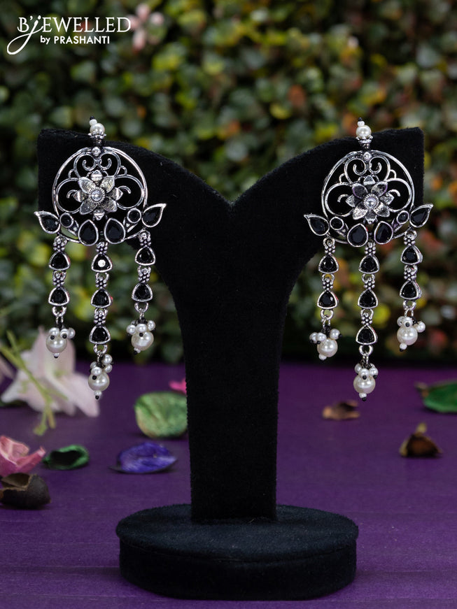 Oxidised earring floral design with black stones and pearl hangings