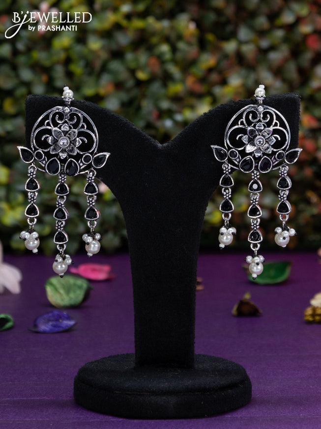 Oxidised earring floral design with black stones and pearl hangings