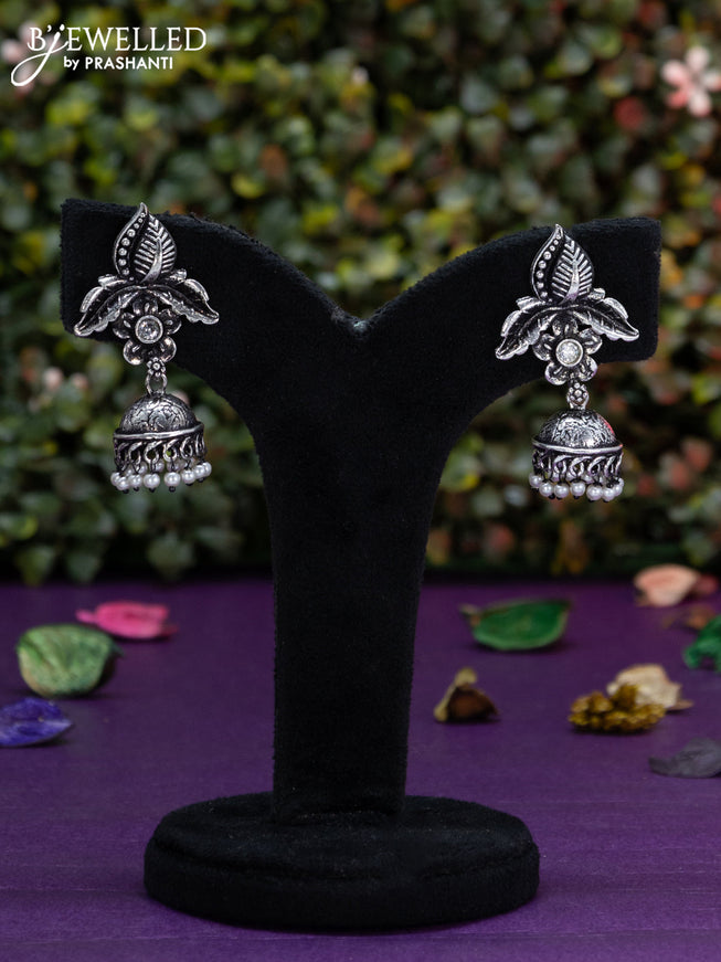 Oxidised jhumka with cz stone and pearl hangings