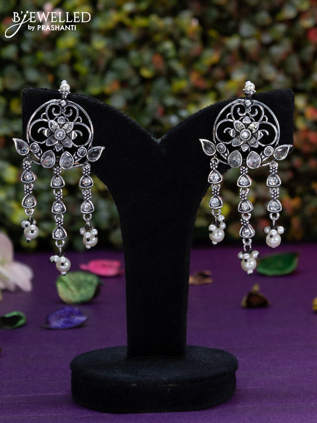 Oxidised earring floral design with cz stones and pearl hangings