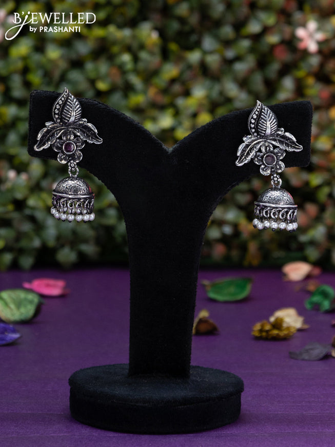 Oxidised jhumka with ruby stone and pearl hangings