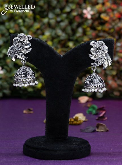 Oxidised jhumka floral design with black stones and pearl hangings