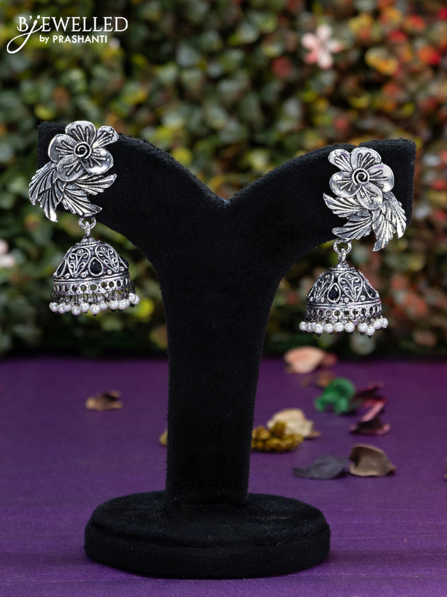 Oxidised jhumka floral design with black stones and pearl hangings