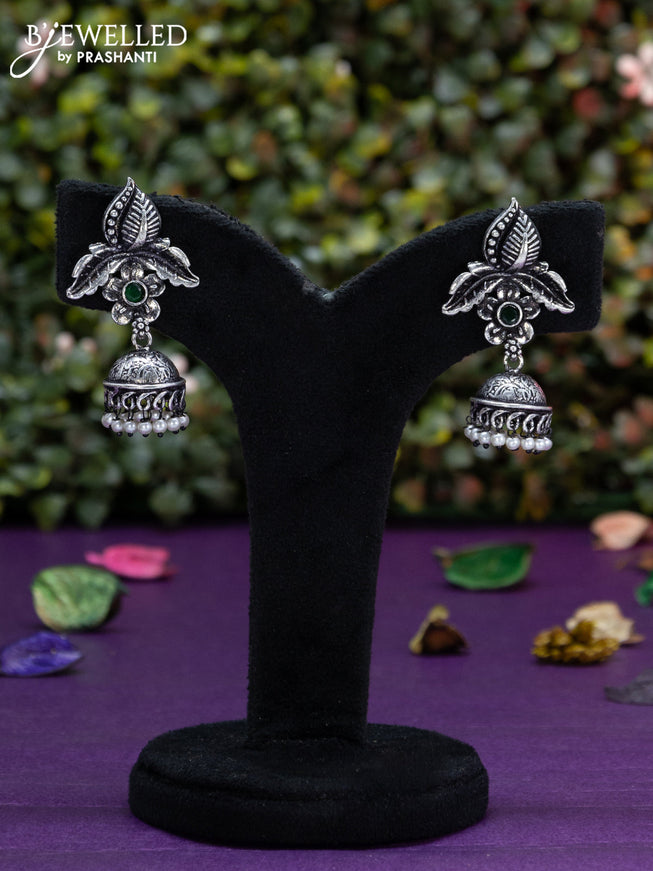 Oxidised jhumka with emerald stone and pearl hangings