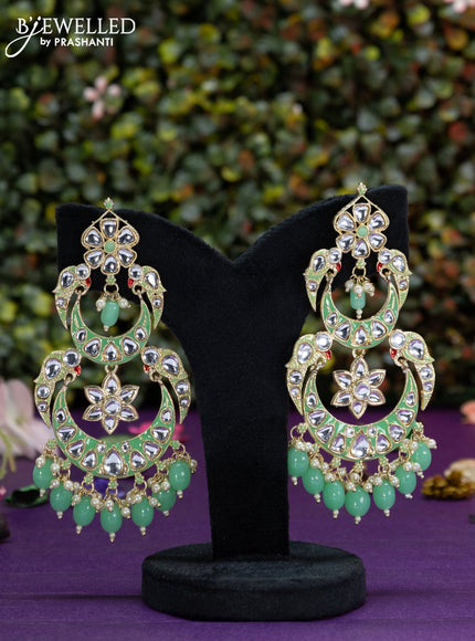 Fashion dangler chanbali teal green minakari earrings with kundan stones and beads hangings