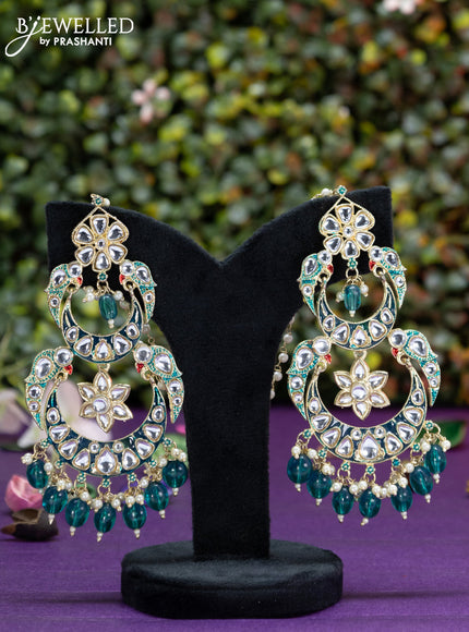 Fashion dangler chanbali peacock green minakari earrings with kundan stones and beads hangings