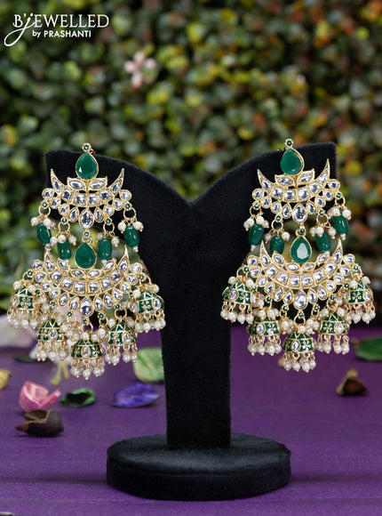 Fashion dangler chanbali green minakari earrings with kundan stones and pearl hangings