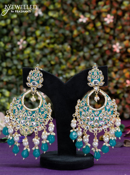 Fashion dangler teal blue minakari earrings with kundan stones and beads hangings