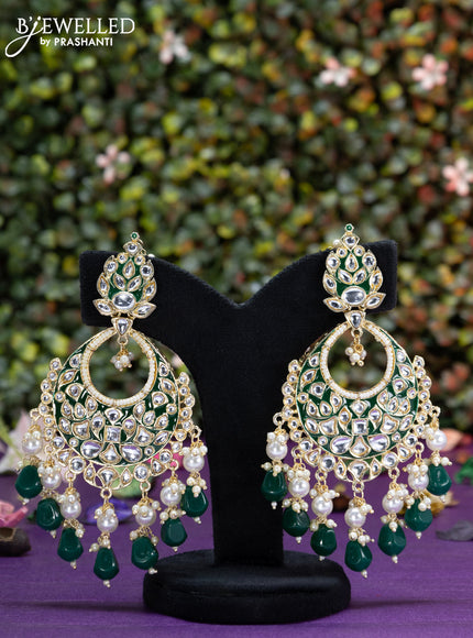 Fashion dangler dark green minakari earrings with kundan stones and beads hangings