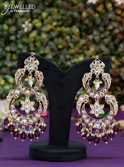 Fashion dangler chanbali wine shade minakari earrings with kundan stones and beads hangings