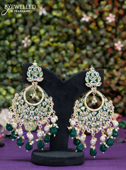 Fashion dangler chanbali green minakari earrings with kundan stones and beads hangings