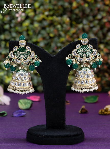 Fashion dangler green minakari jhumka with kundan stones and beads hangings