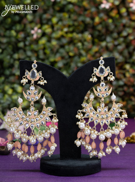 Fashion dangler chanbali peach minakari earrings with kundan stones and beads hangings