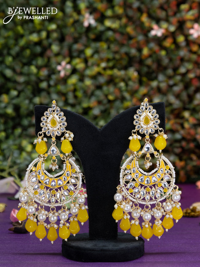 Fashion dangler chanbali yellow minakari earrings with kundan stones and beads hangings