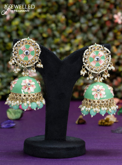 Fashion dangler teal green minakari jhumka with kundan stones and pearl hangings