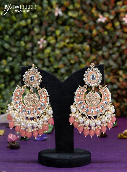 Fashion dangler chanbali peach minakari earrings with kundan stones and beads hangings