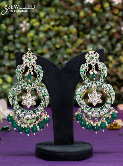 Fashion dangler chanbali green minakari earrings with kundan stones and beads hangings