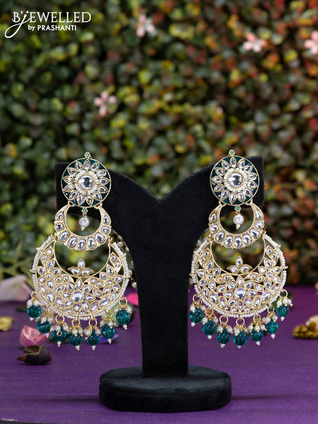 Fashion dangler chanbali teal green minakari earrings with kundan stones and beads hangings