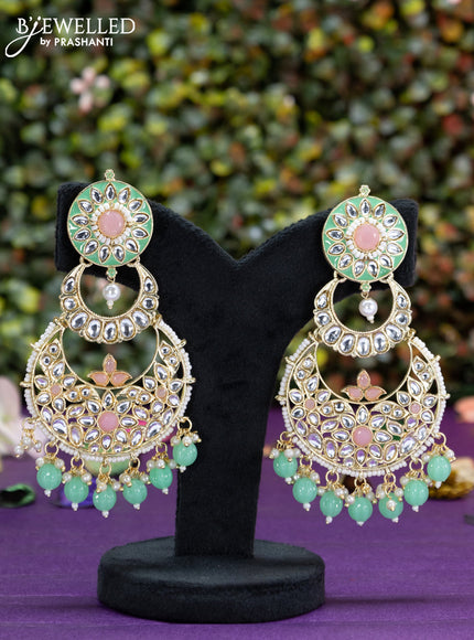 Fashion dangler chanbali teal green minakari earrings with kundan stones and beads hangings