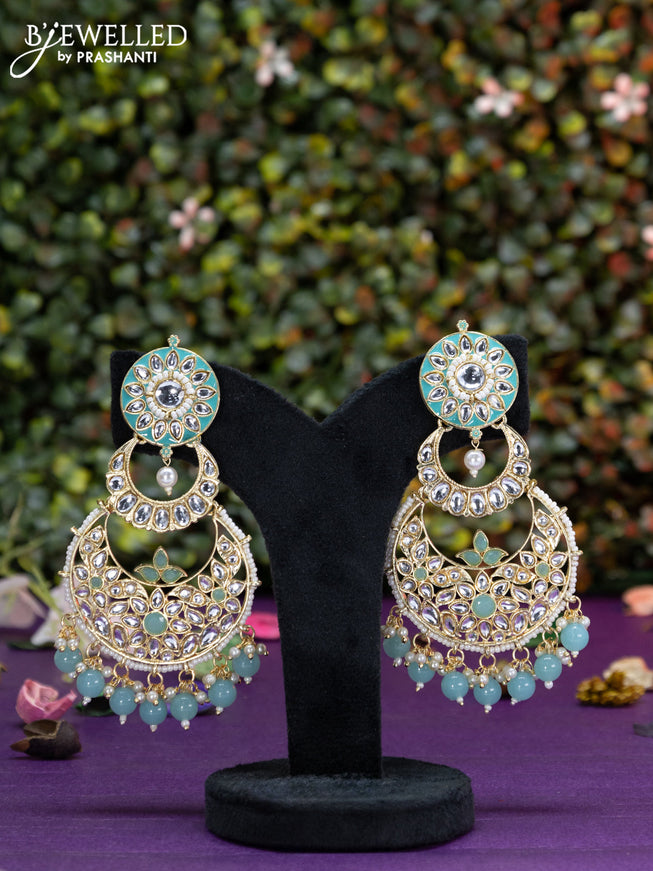 Fashion dangler chanbali teal blue minakari earrings with kundan stones and beads hangings