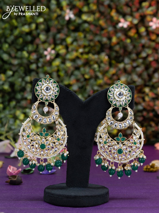 Fashion dangler chanbali green minakari earrings with kundan stones and beads hangings