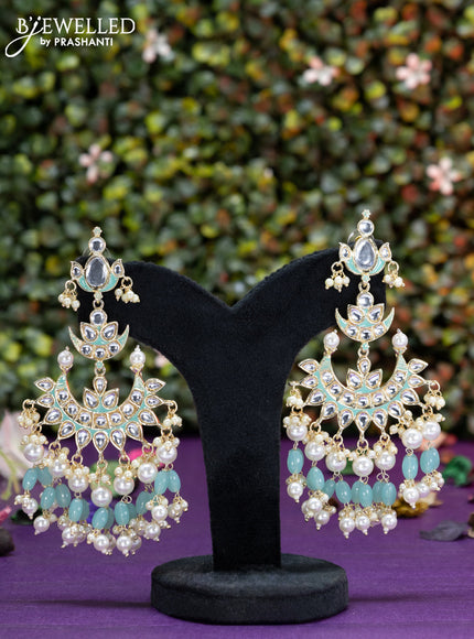 Fashion dangler chanbali teal blue minakari earrings with kundan stones beads and pearl hangings