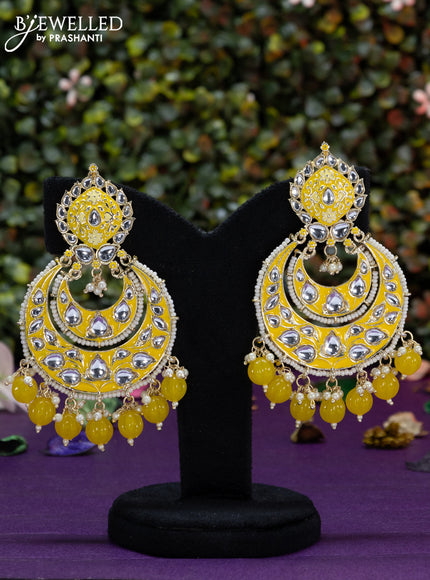 Fashion dangler chanbali yellow minakari earrings with kundan stones and beads hangings