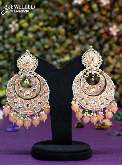 Fashion dangler chanbali peach minakari earrings with kundan stones and beads hangings