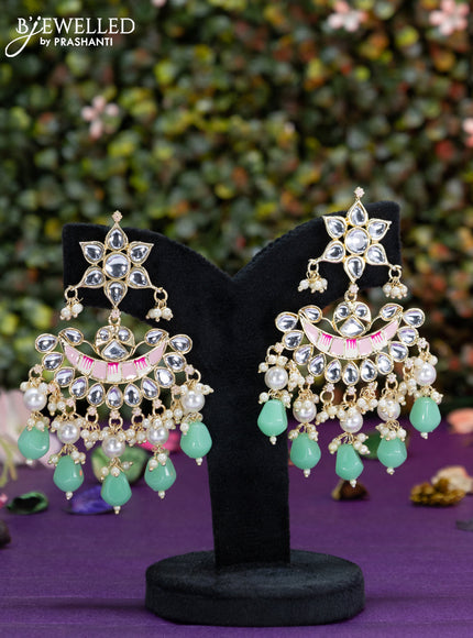 Fashion dangler chanbali geal green minakari earrings with beads and pearl hangings