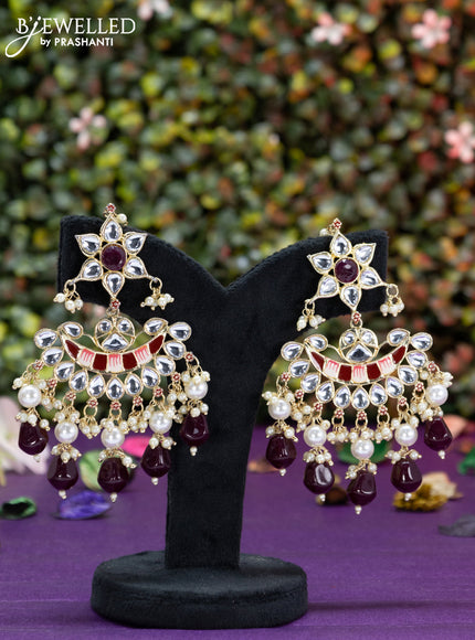 Fashion dangler chanbali maroon minakari earrings with kundan stones and beads hangings