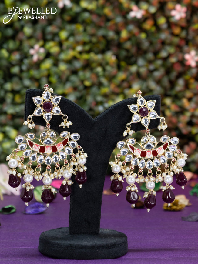 Fashion dangler chanbali maroon minakari earrings with kundan stones and beads hangings