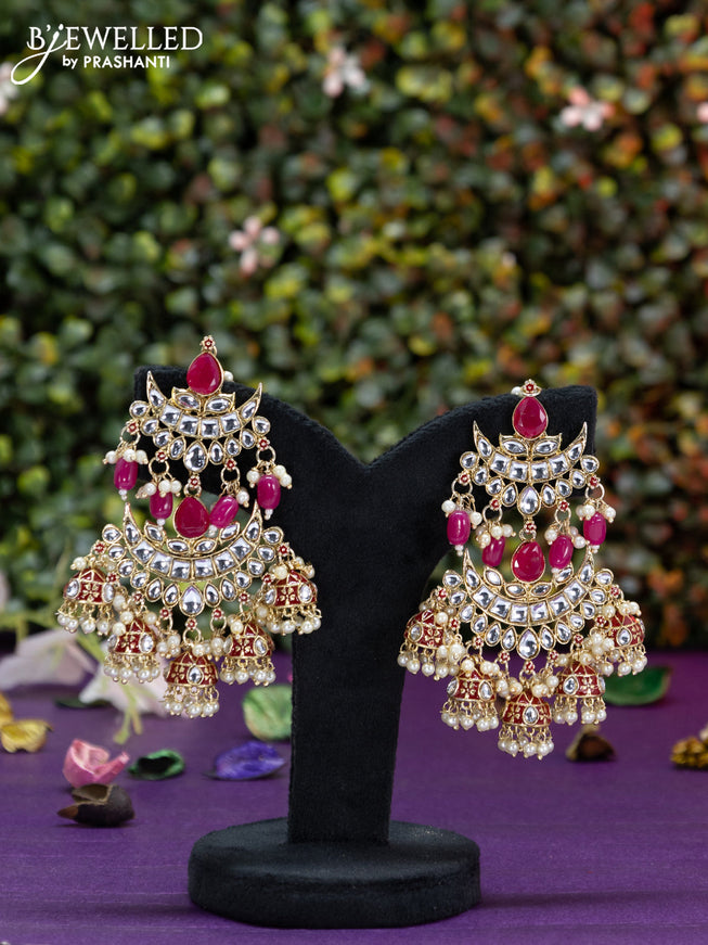 Fashion dangler chanbali pink minakari earrings with kundan stones and beads hangings