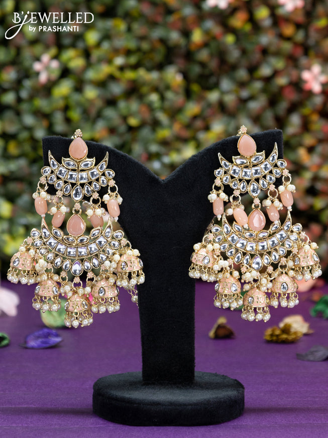 Fashion dangler chanbali peach minakari earrings with kundan stones and beads hangings