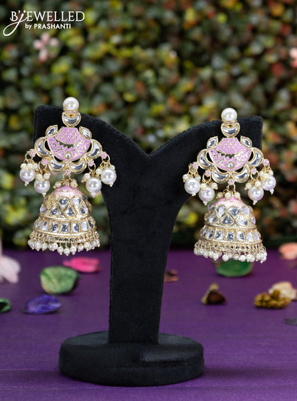 Fashion dangler baby pink minakari jhumka with kundan stones and pearl hangings