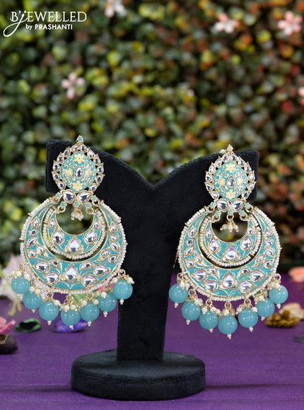 Fashion dangler teal blue minakari earrings with kundan stones and pearl hangings