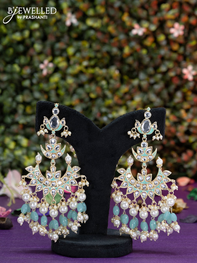 Fashion dangler teal blue minakari earrings with kundan stones beads hangings