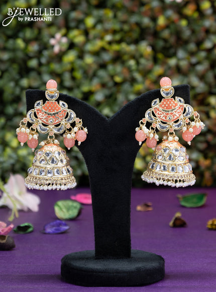 Fashion dangler peach minakari jhumka with kundan stones and pearl hangings