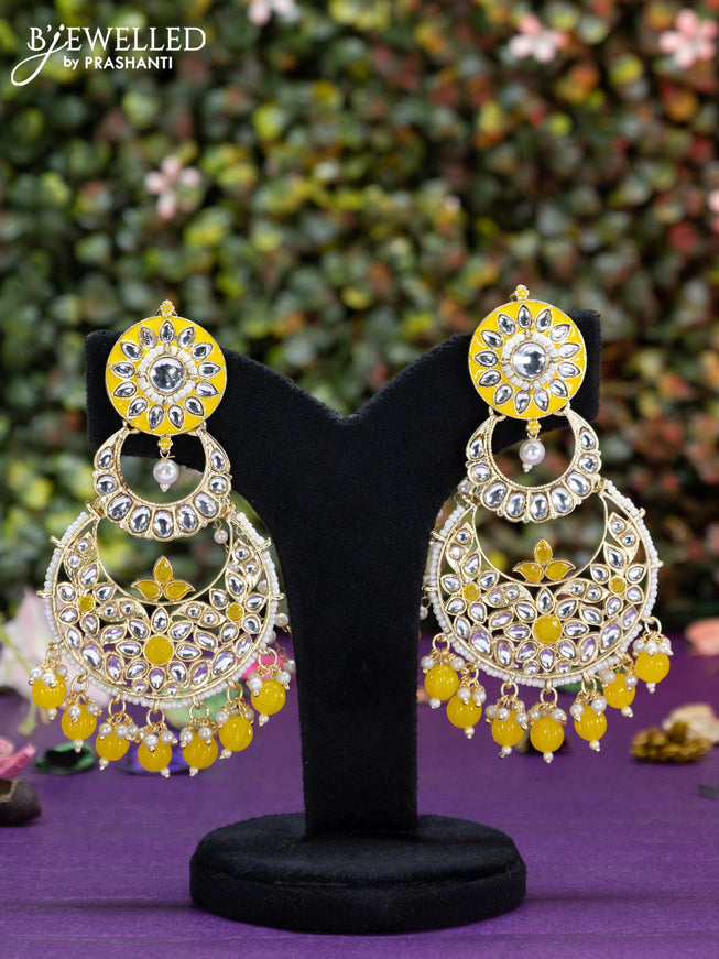 Fashion dangler chanbali yellow minakari earrings with kundan stones and beads hangings