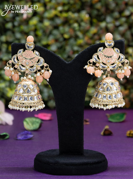 Fashion dangler peach minakari jhumka with kundan stones and pearl hangings