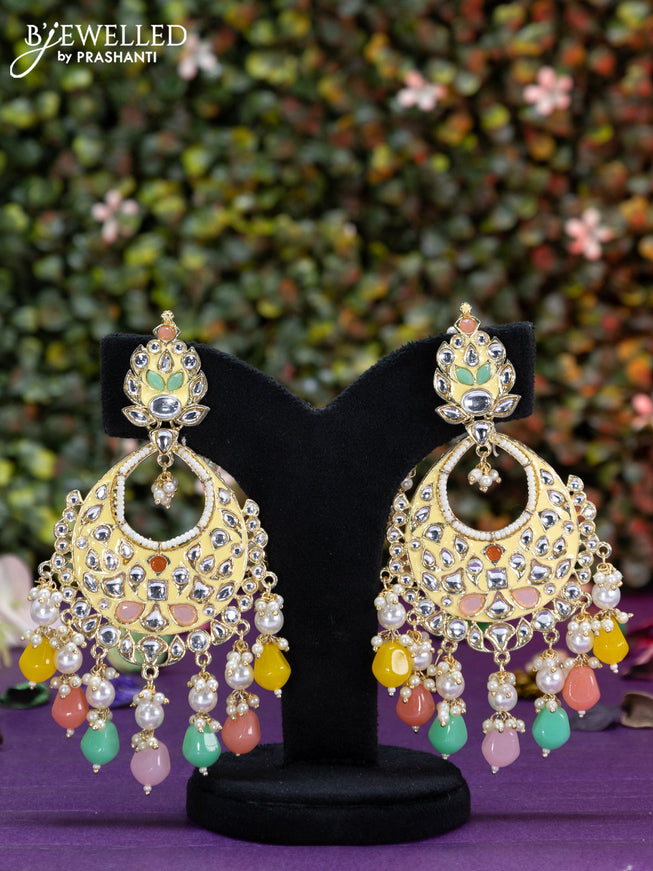 Fashion dangler cream earrings with kundan stones and multi colour beads hangings