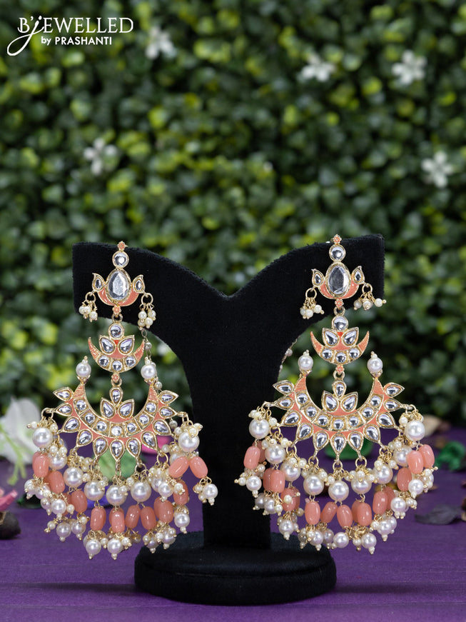 Fashion dangler peach earrings chandbali design with kundan stones and beads hangings