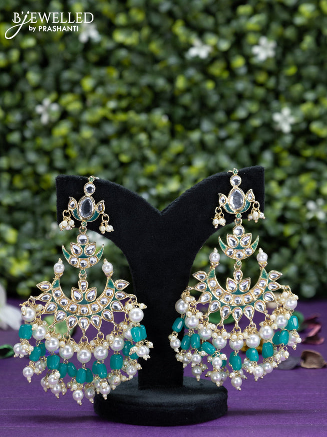 Fashion dangler teal green earrings chandbali design with kundan stones and beads hangings