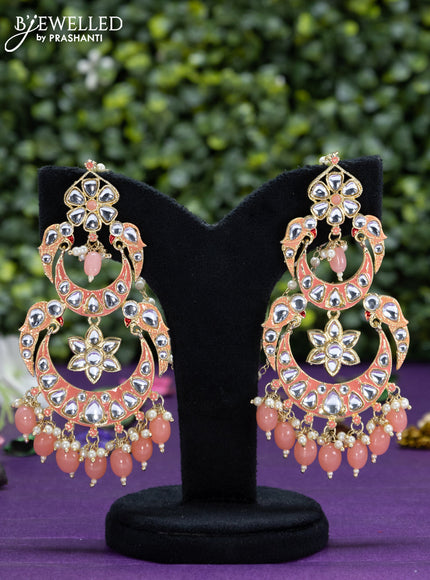 Fashion dangler chanbali peach minakari earrings with kundan stones beads hangings