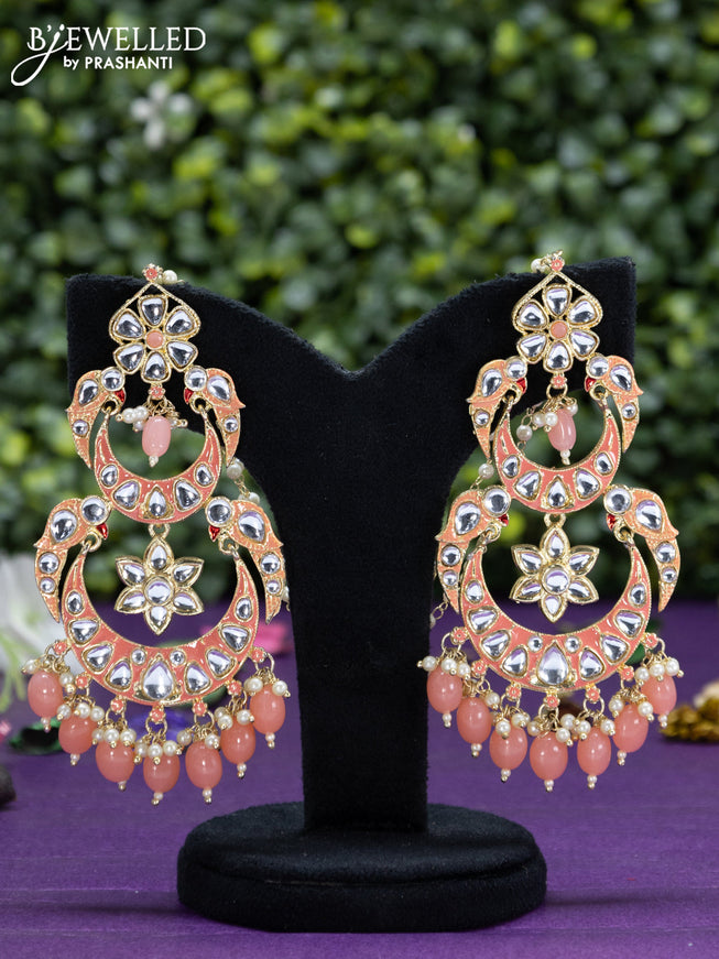 Fashion dangler chanbali peach minakari earrings with kundan stones beads hangings