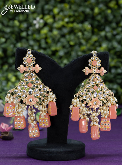 Fashion dangler peach earrings with kundan stones and beads hangings