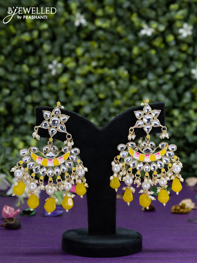 Fashion dangler chanbali yellow minakari earrings with kundan stones and beads hangings