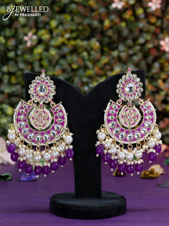 Fashion dangler chanbali purple minakari earrings with beads and pearl hangings